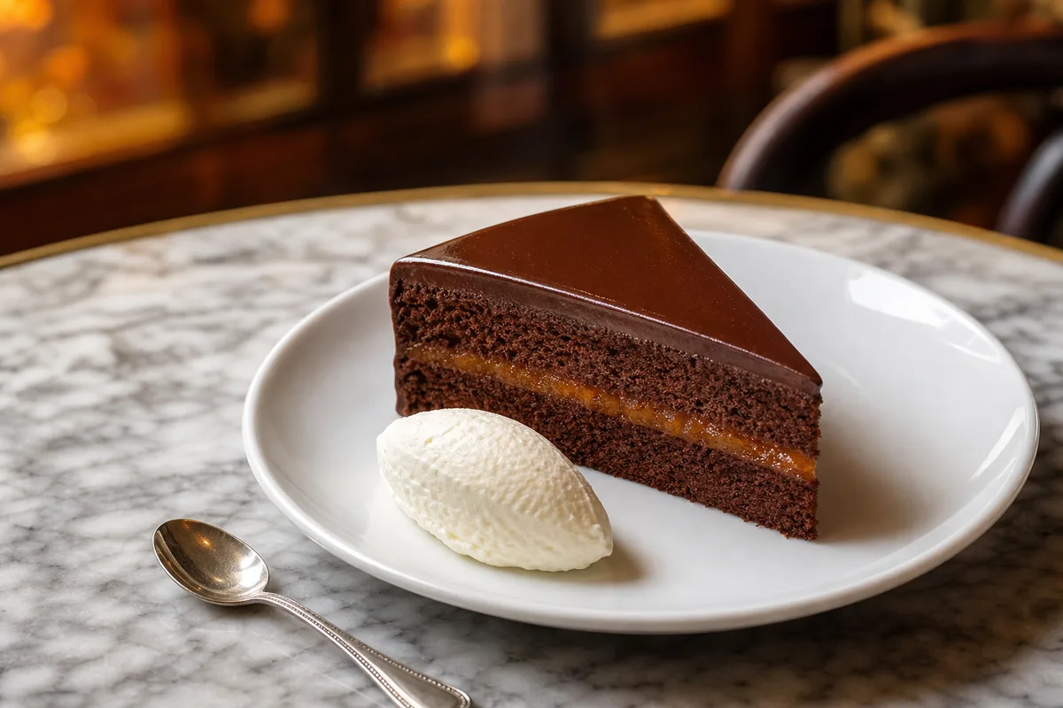 Part de gâteau au chocolat glacé et crème fouettée sur assiette blanche