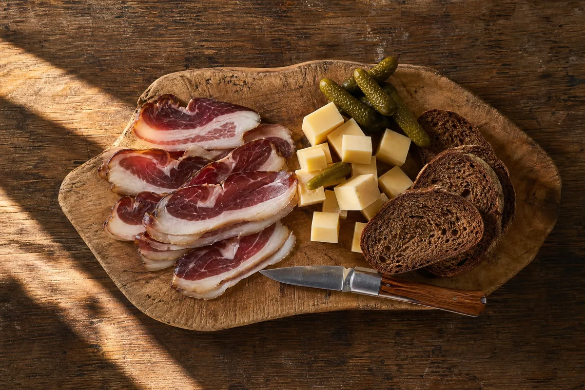 Planche de lard fumé, pain de seigle et fromage de montagne sur bois brut