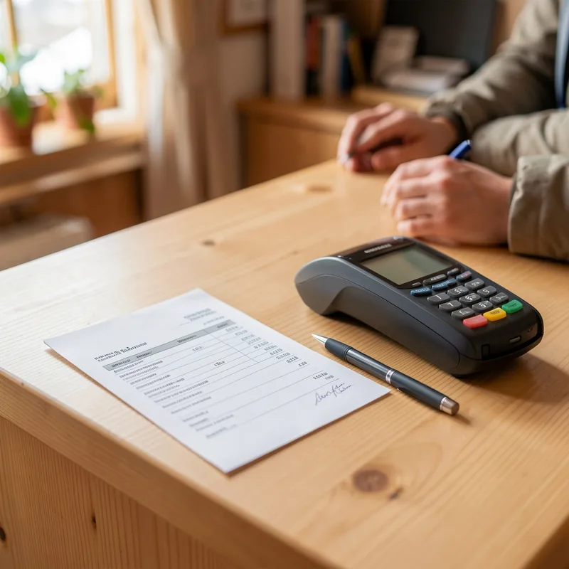 Facture d&rsquo;hôtel autrichien détaillant la taxe de séjour sur un comptoir de réception alpin