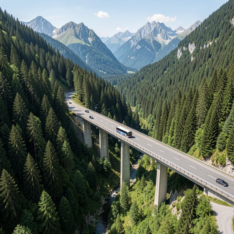 Autoroute alpine autrichienne serpentant entre des versants boisés sous un ciel dégagé